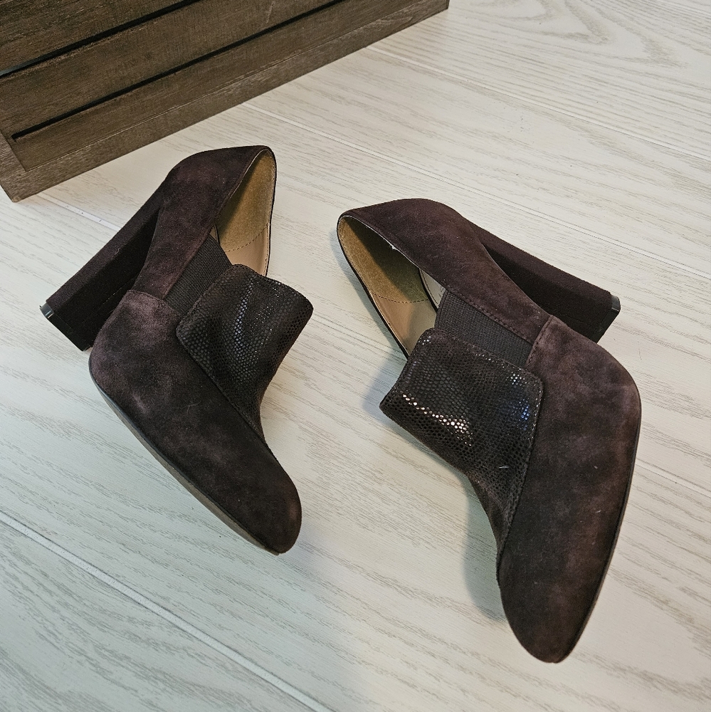 Isola suede dark brown booties easy slip on high heels, size 8.5